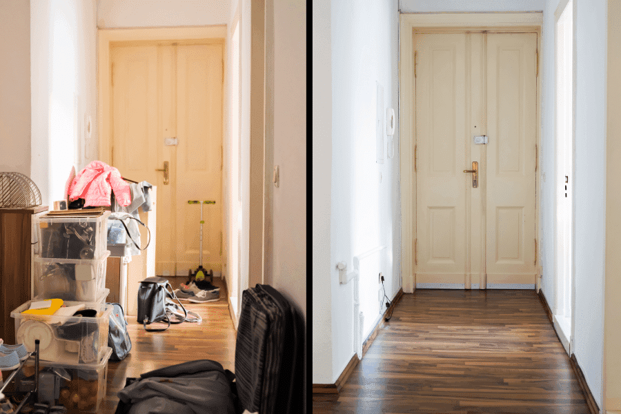 Before and after hallway with junk and without