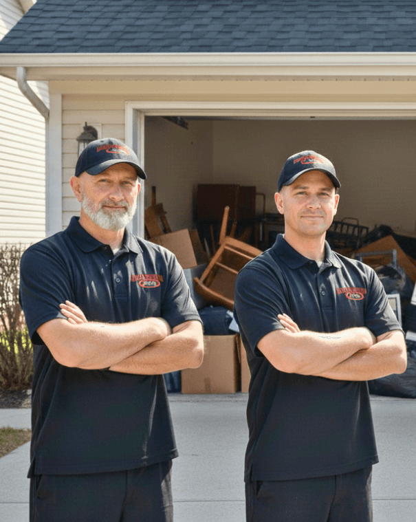 two junk removal workers standing in front of a junky garage